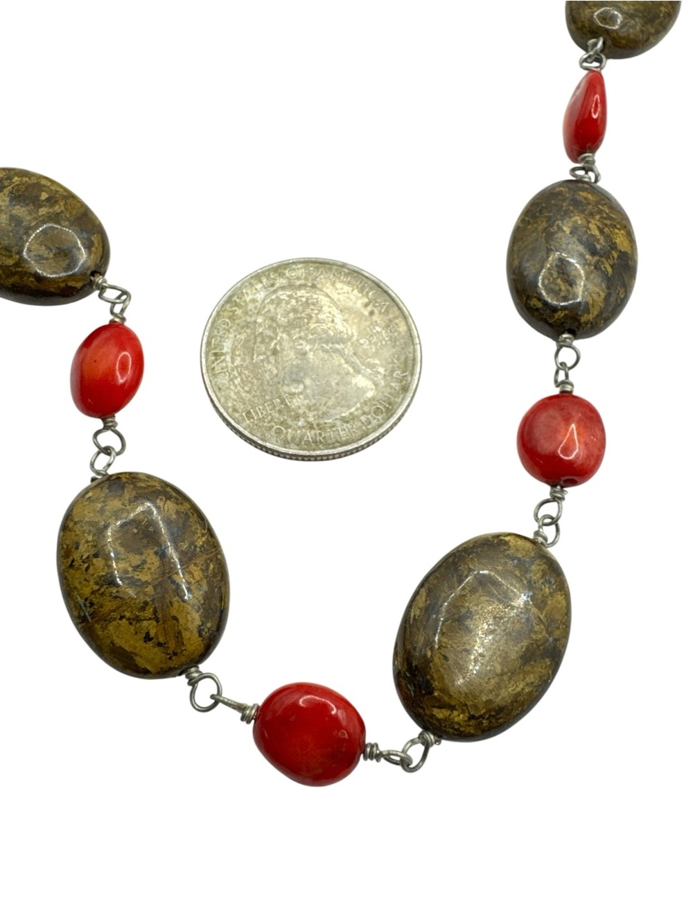 Vintage Sterling Silver Red Coral Tiger Eye Necklace Tiger Eye Necklace 27” - Picture 4 of 5